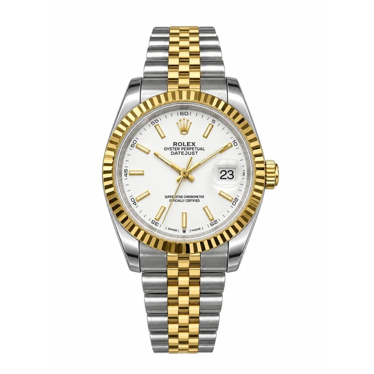 ساعة رولكس ديت جست (Datejust) أوتوماتيكية، ثنائية اللون (ذهب وفولاذ مقاوم للصدأ)، ميناء أبيض، وإطار مخدّد. - image 4