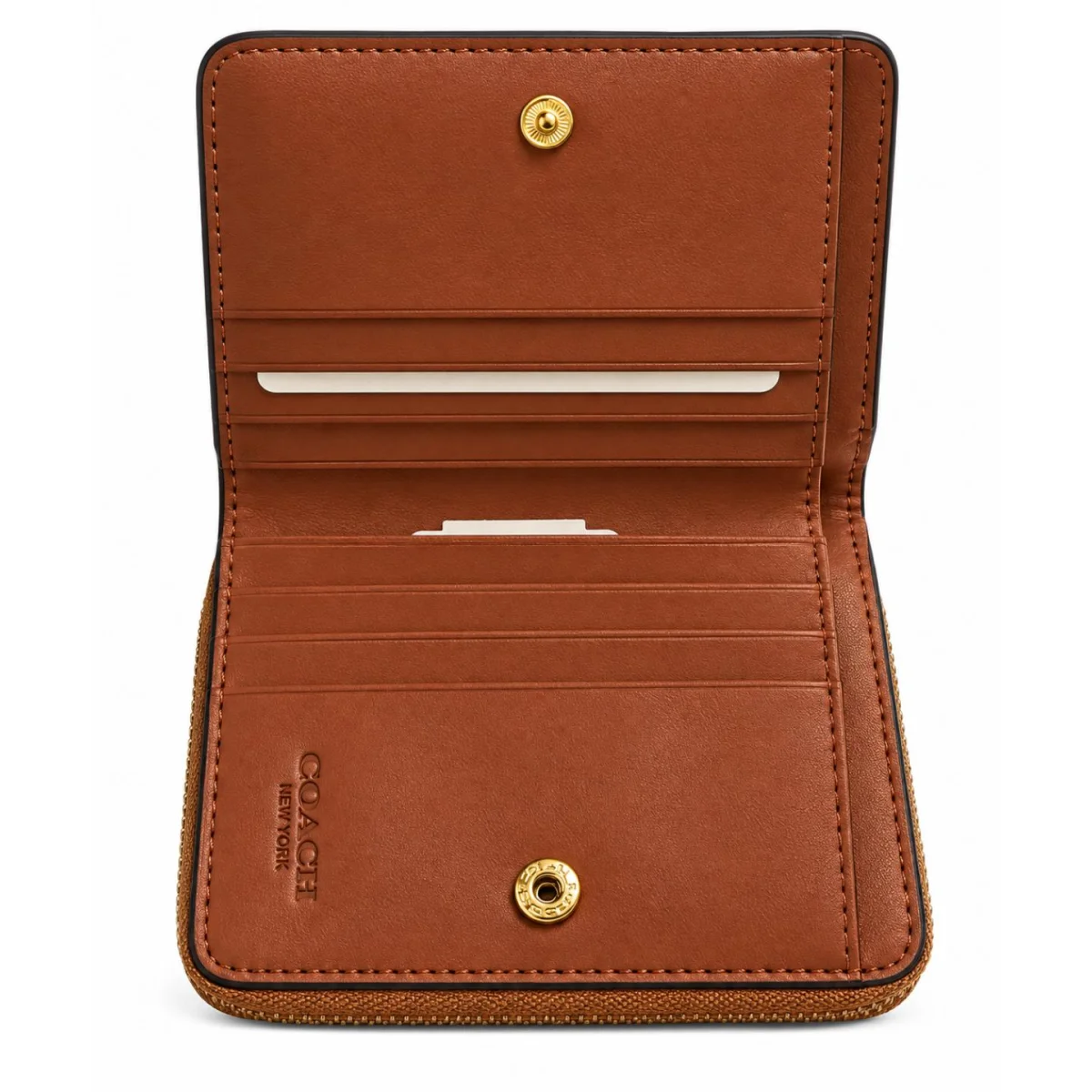 محفظة Coach صغيرة بسحاب محيط – جلد بني وقماش بنقشة العلامة التجارية (Signature Canvas) CD716 IMQLZ - image 1