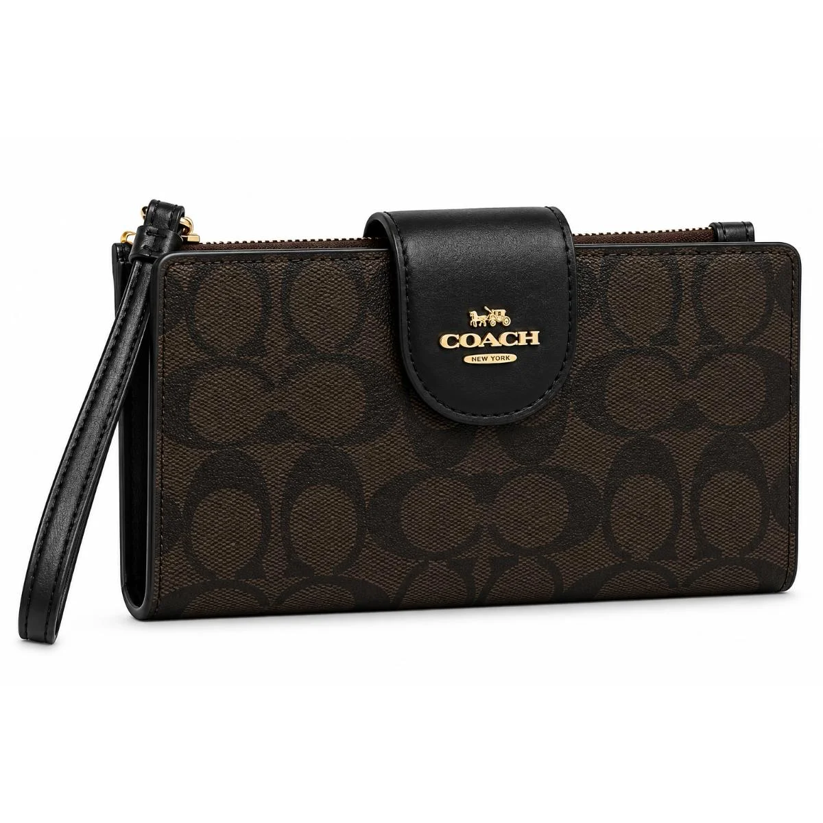 محفظة هاتف نسائية من COACH بنقشة Signature Canvas (طراز C2874) - باللونين الأسود والبني - image 1