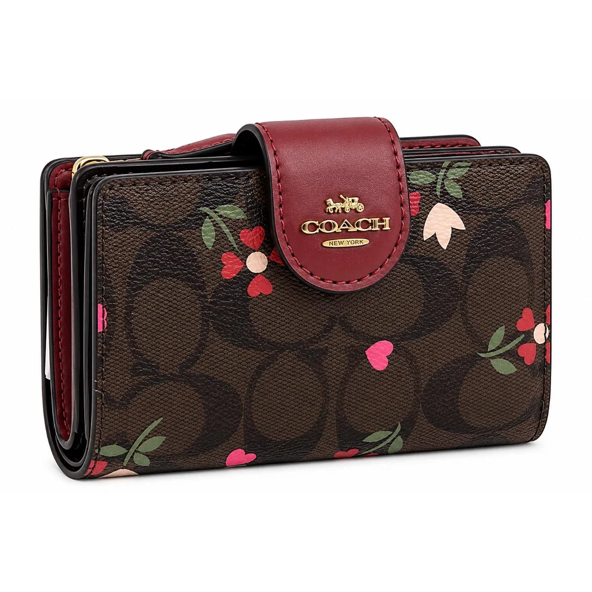 محفظة نسائية من COACH قابلة للطي، طراز Signature Canvas بنقشة قلوب وزهور، موديل C7653، لون عنابي. - image 1