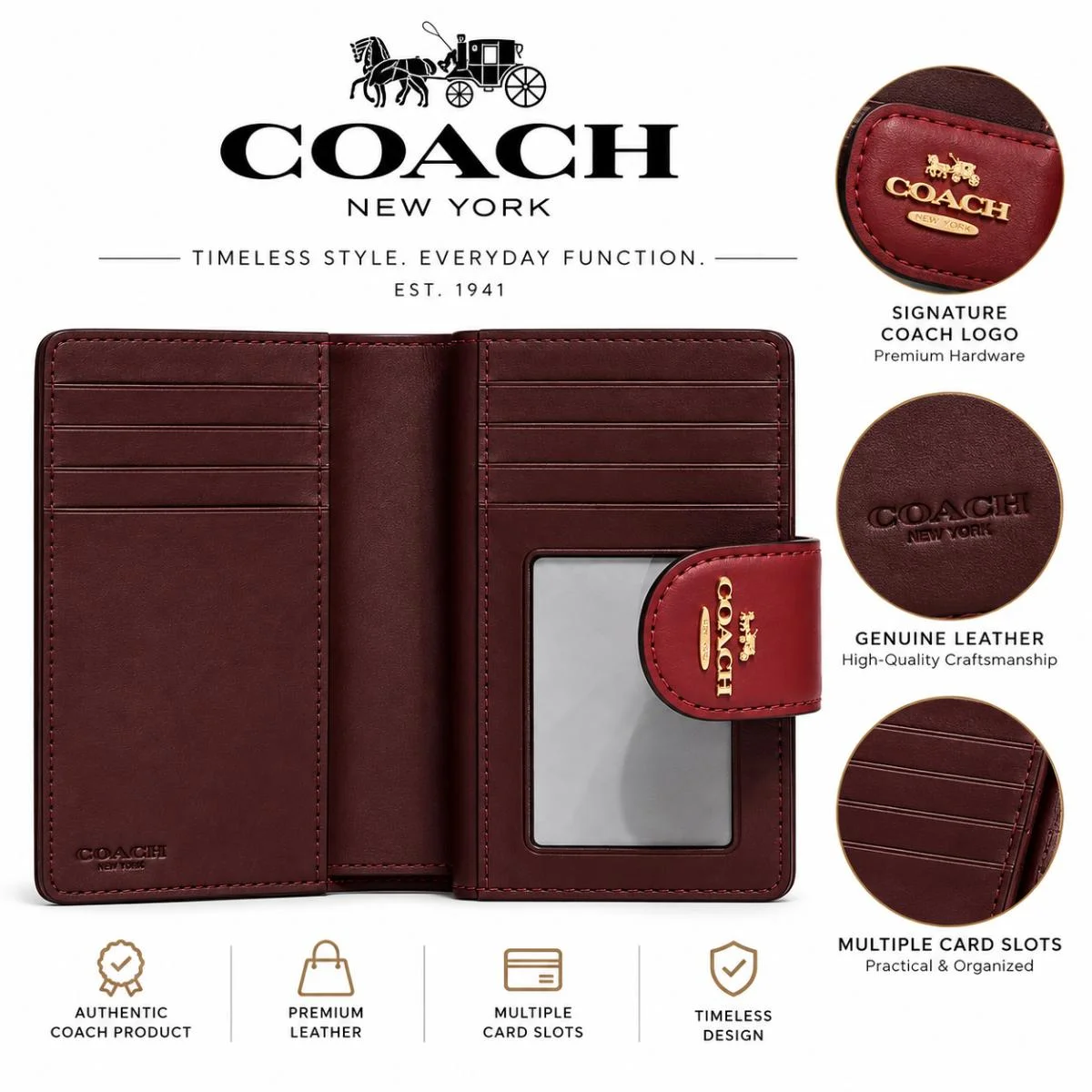 محفظة نسائية من COACH قابلة للطي، طراز Signature Canvas بنقشة قلوب وزهور، موديل C7653، لون عنابي. - image 5