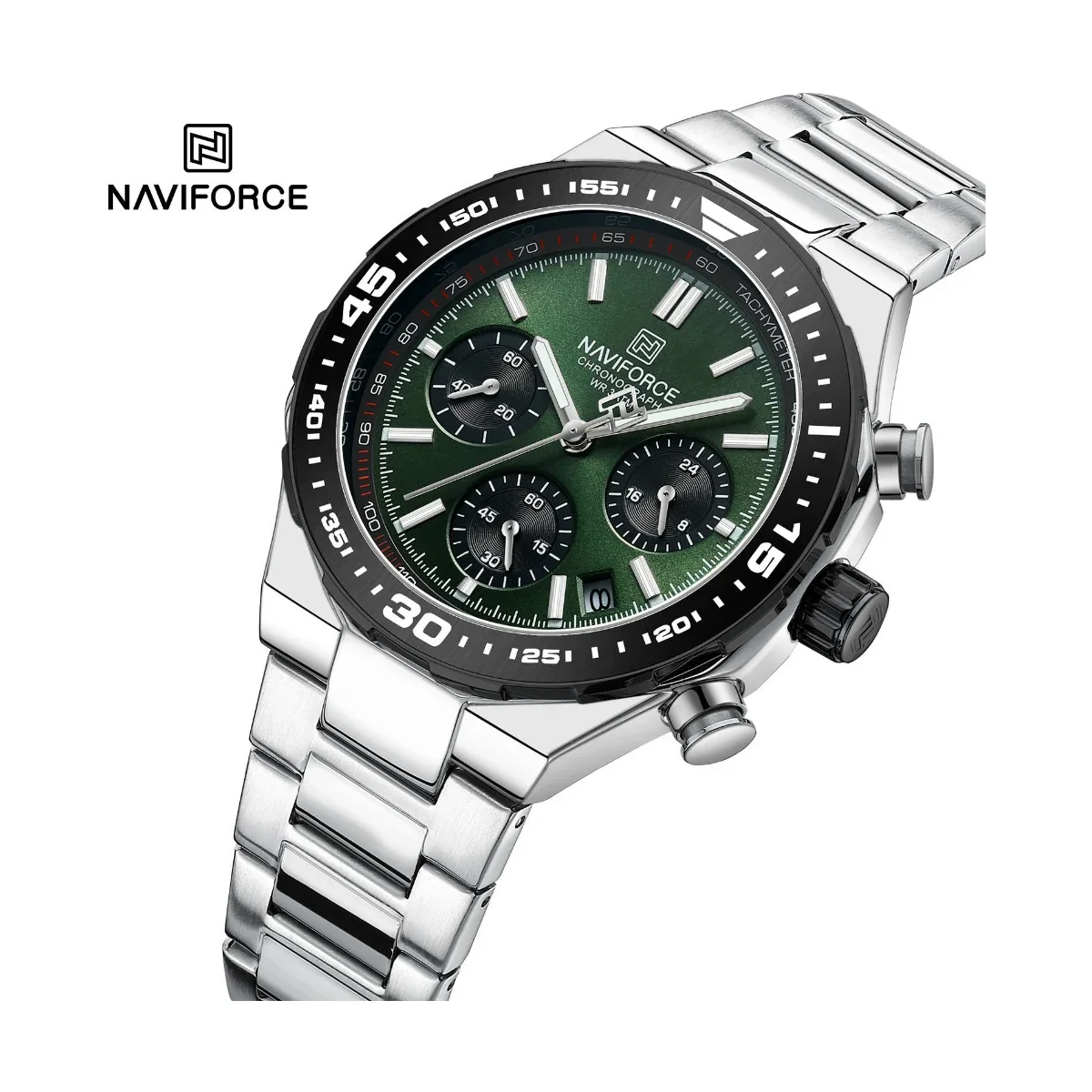 ساعة رجالية "نافي فورس" (Naviforce) كرونوغراف عصرية بسوار من الفولاذ المقاوم للصدأ باللون الفضي (NF8049 S/GN/S) - image 3