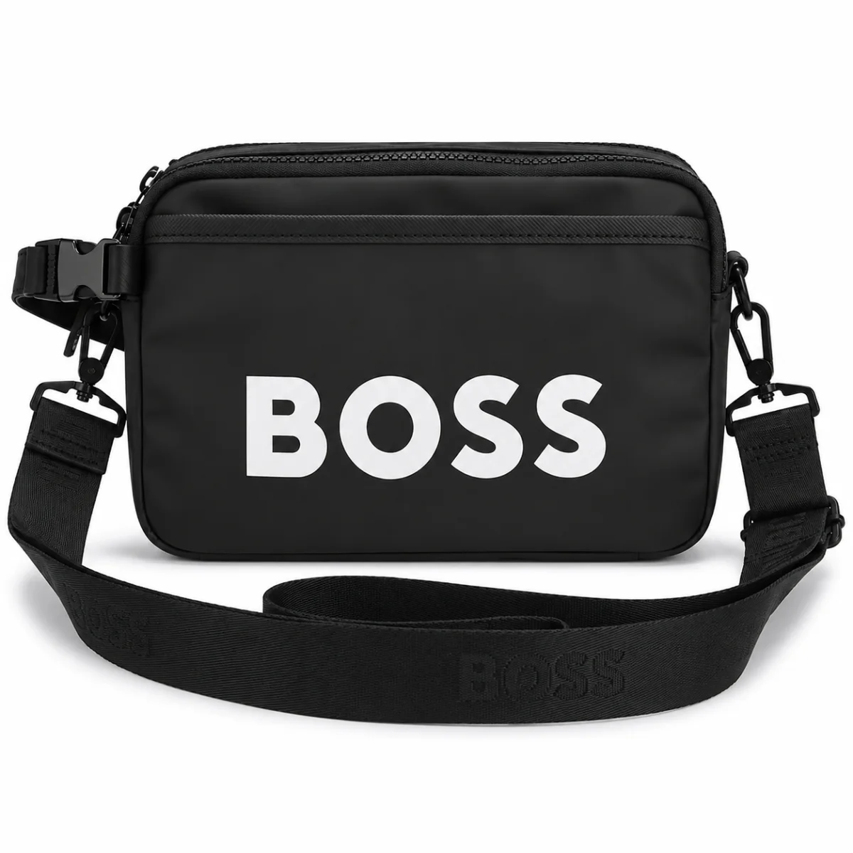 حقيبة كروس بودي صغيرة من BOSS Black بسحّابات متعددة وحزام مزين بتفاصيل نصية