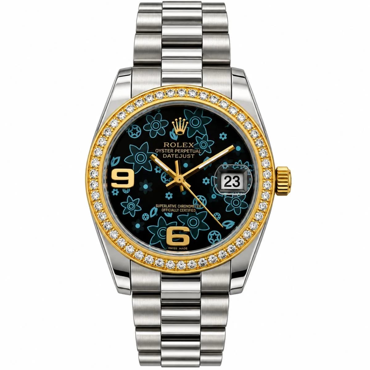 Rolex Datejust 36mm Black Floral Dial Unisex Quartz Watch