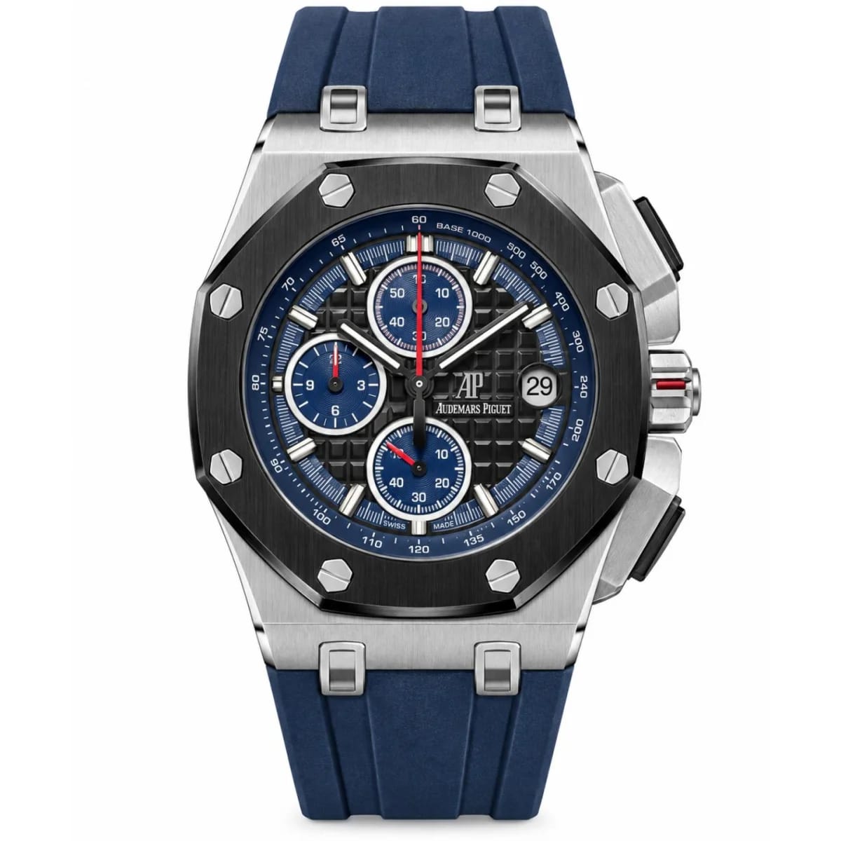 Luxury Chronograph Watch with Black Dial & Navy Blue Rubber Strap
