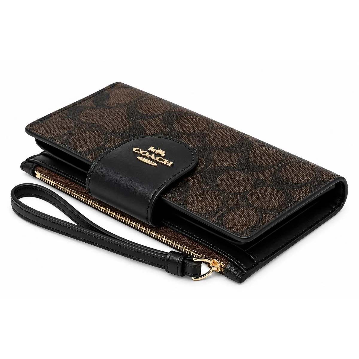 محفظة هاتف نسائية من COACH بنقشة Signature Canvas (طراز C2874) - باللونين الأسود والبني - image 4