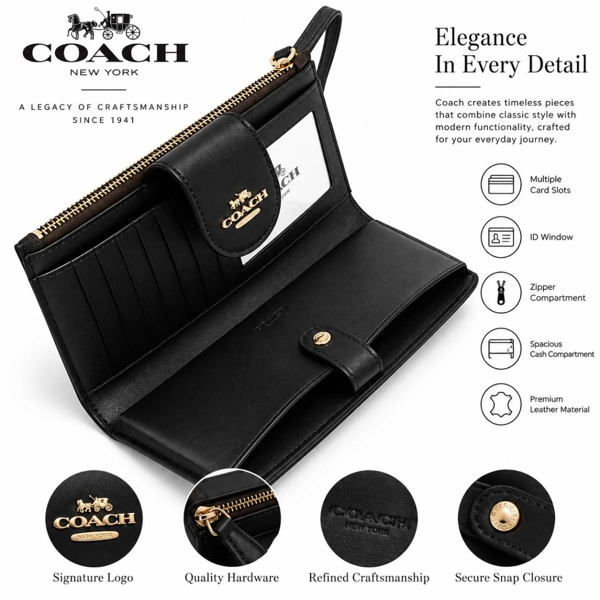 محفظة هاتف نسائية من COACH بنقشة Signature Canvas (طراز C2874) - باللونين الأسود والبني - image 5