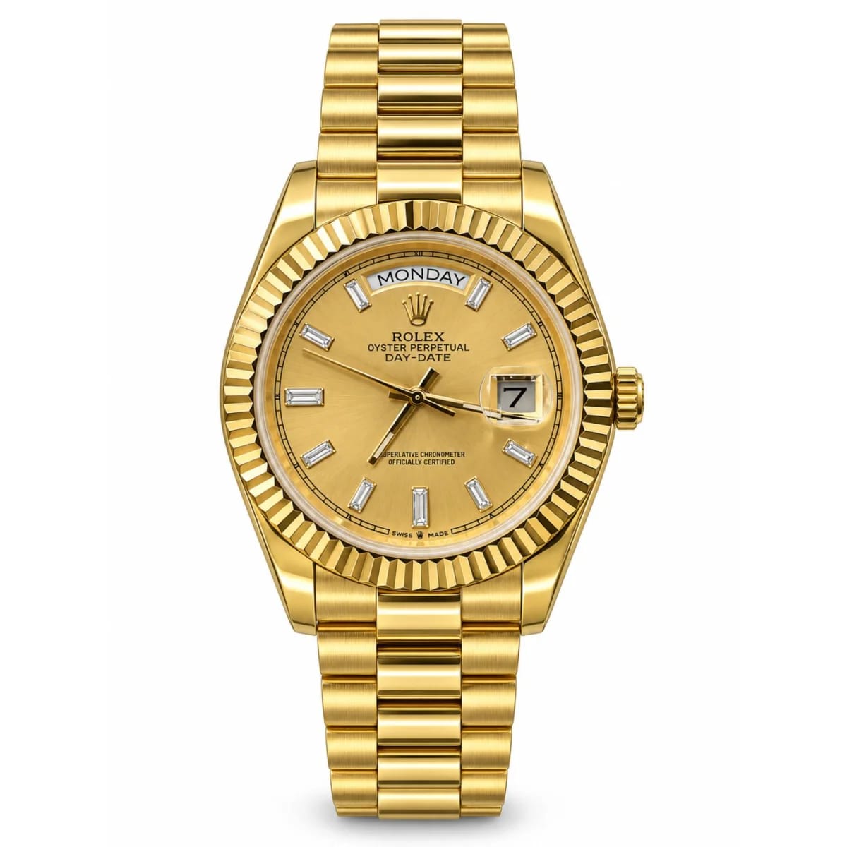 Rolex Day-Date Automatic 18K Gold Fluted Bezel Champagne Dial Diamond Marker Watch - image 1