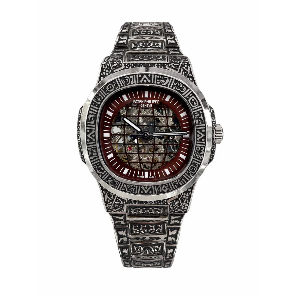 Patek Philippe Skeleton Automatic Engraved Silver-Tone Luxury Watch - image 1