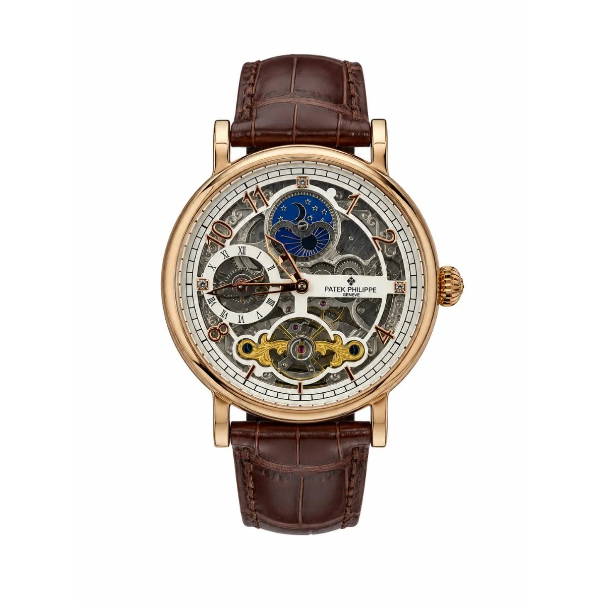 Patek Philippe Skeleton Automatic Rose Gold Watch with Moonphase & Brown Leather Strap - image 1