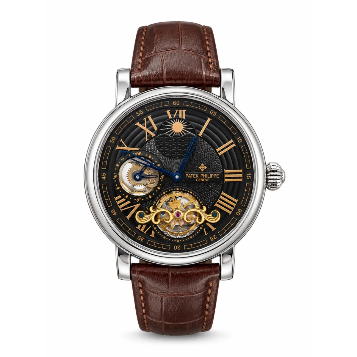 Patek Philippe Skeleton Tourbillon Black Dial Brown Leather Strap Watch - image 1