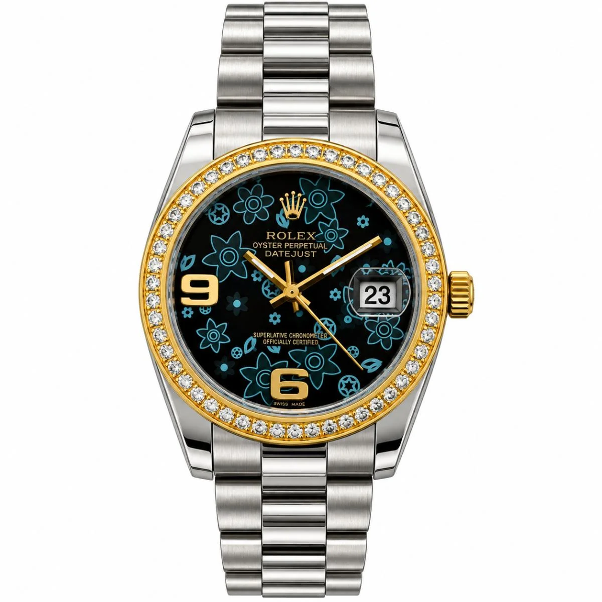 Rolex Datejust 36mm Black Floral Dial Unisex Quartz Watch