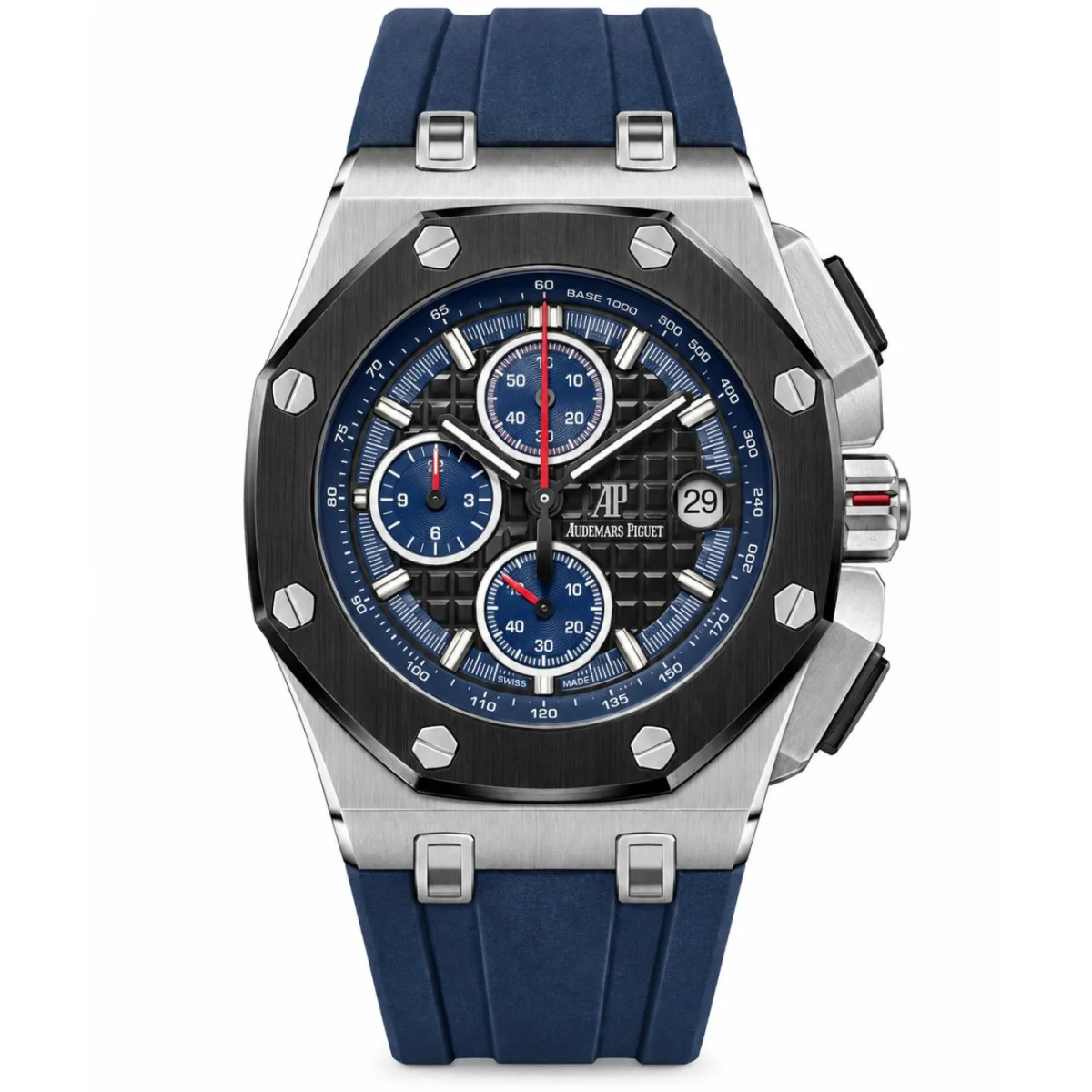 Luxury Chronograph Watch with Black Dial & Navy Blue Rubber Strap