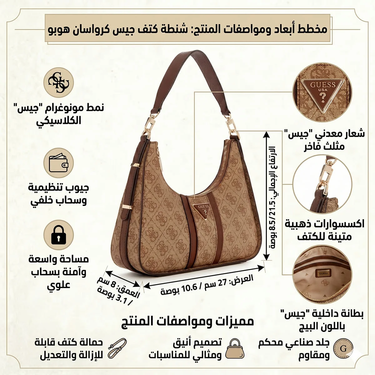 حقيبة كتف نسائية من Guess (موديل Latte Logo) - ألوان بني وبني فاتح - Hwsg9000180 Lgw - image 4