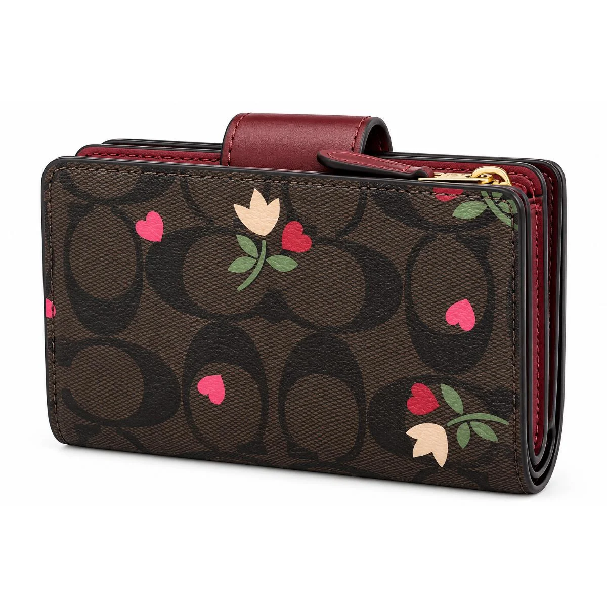 محفظة نسائية من COACH قابلة للطي، طراز Signature Canvas بنقشة قلوب وزهور، موديل C7653، لون عنابي. - image 2