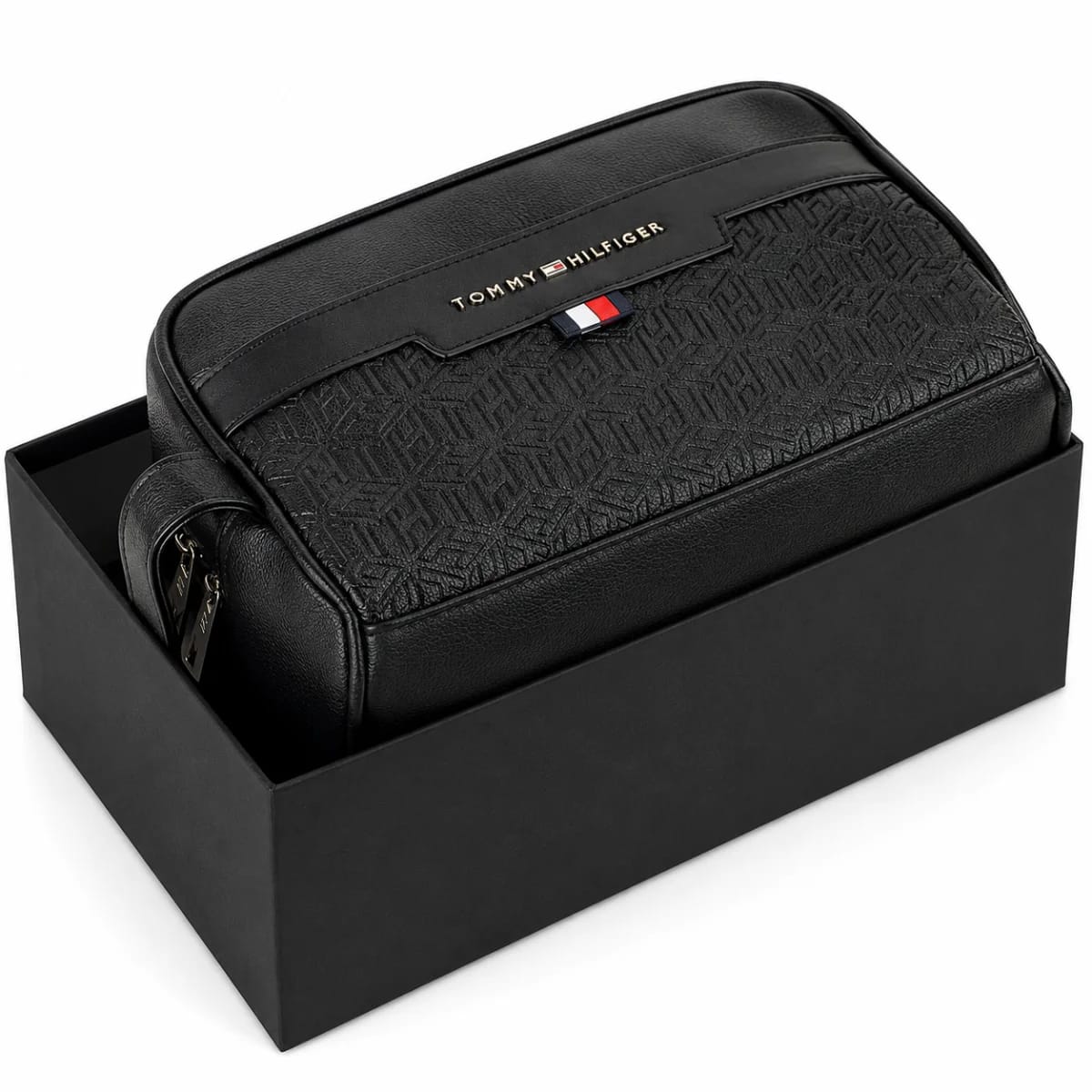 Tommy Hilfiger Black Leather Mens Clutch Bag Gift Box Patterned Logo - image 1