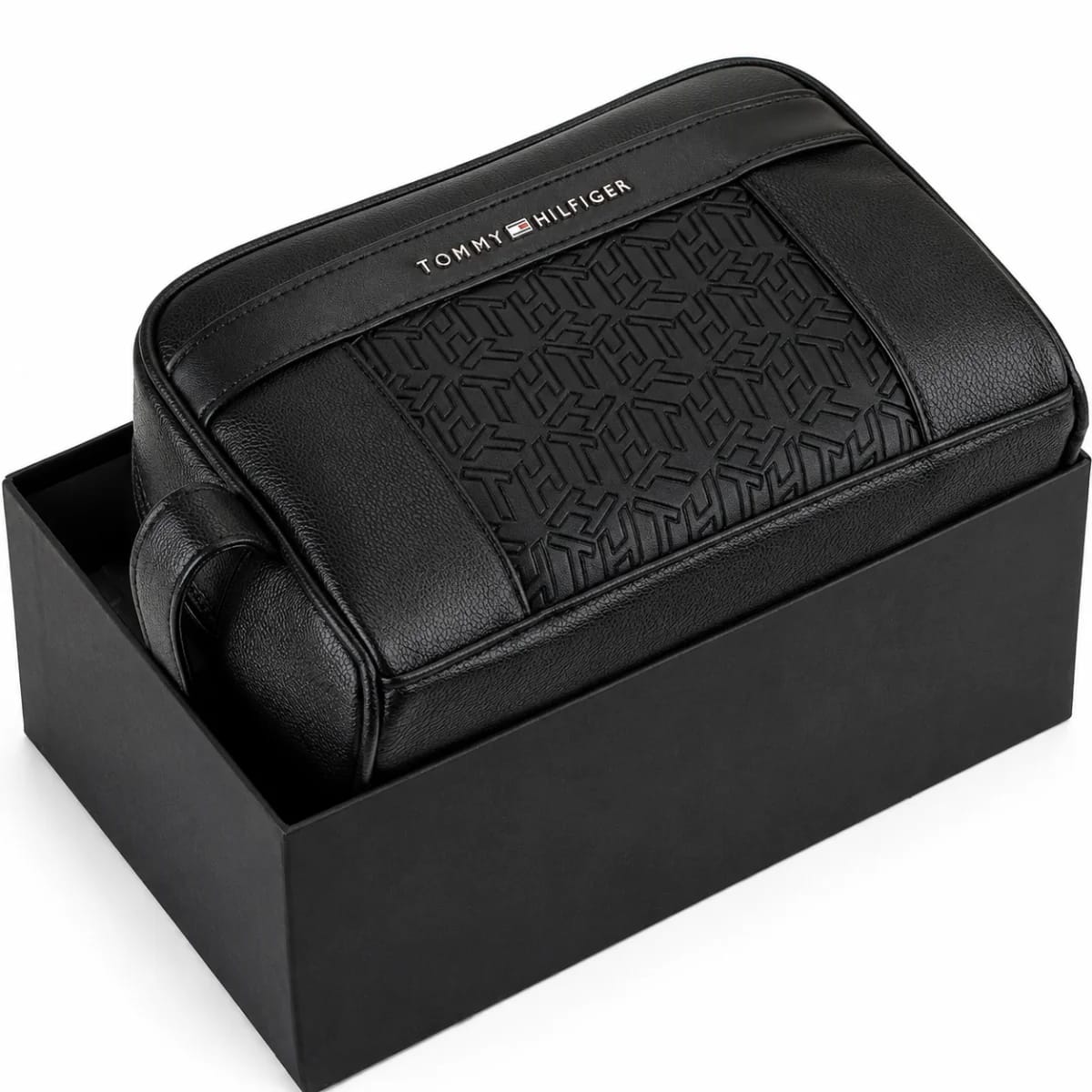 Tommy Hilfiger Leather Mens Clutch Black Bag Gift Box Patterned Logo - image 1