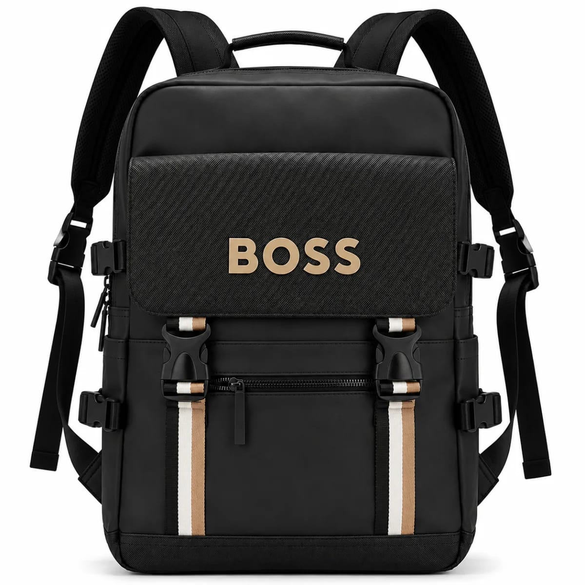BOSS Men’s Matte Black Technical Backpack with Tricolor Stripes - image 1