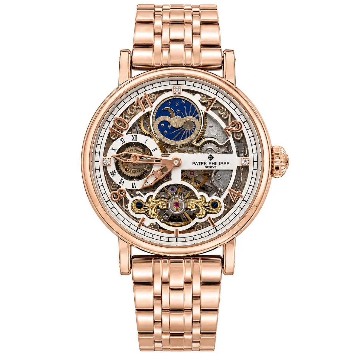 Patek Philip Rose Gold Skeleton Automatic Watch with Blue Moon Phase Dial - image 1