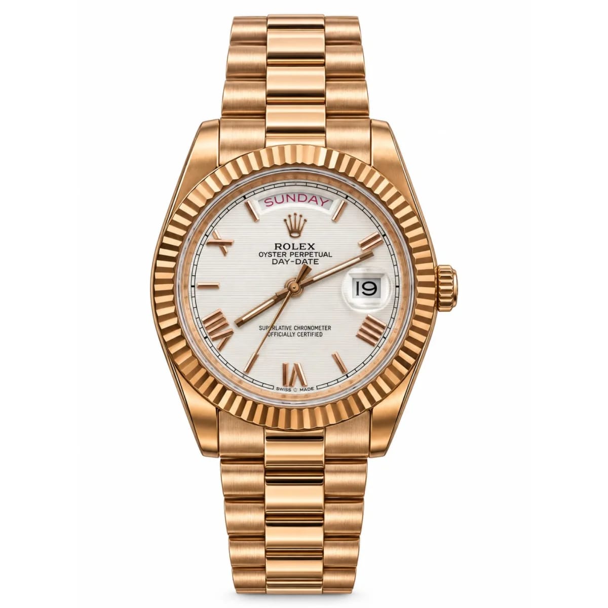 Rolex Day-Date Automatic 18K Rose Gold White Dial Fluted Bezel Watch - image 1
