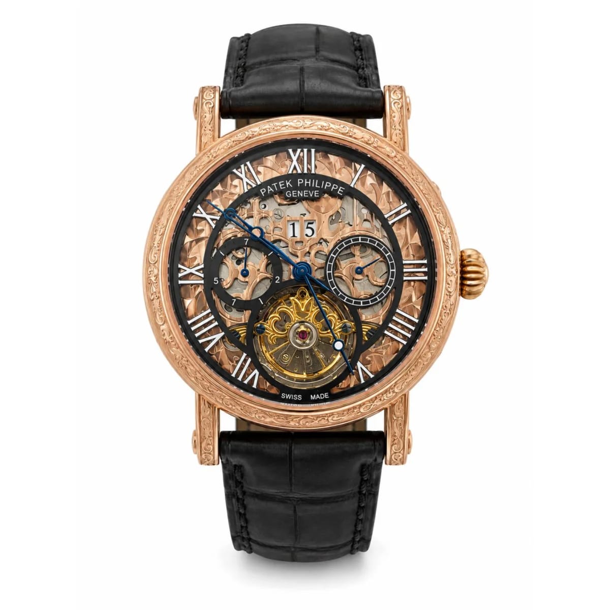 Men's Rose Gold Skeleton Automatic Watch with Black Leather Strap - image 1