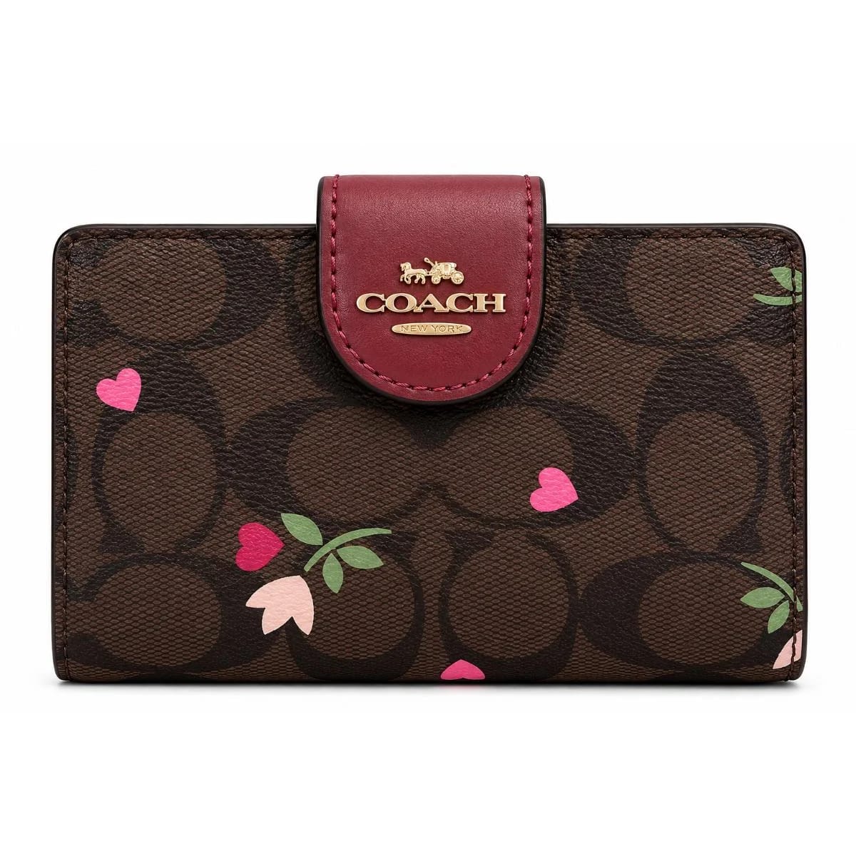 COACH Women’s Signature Canvas Floral Heart Bifold Wallet C7653 Burgundy - image 1