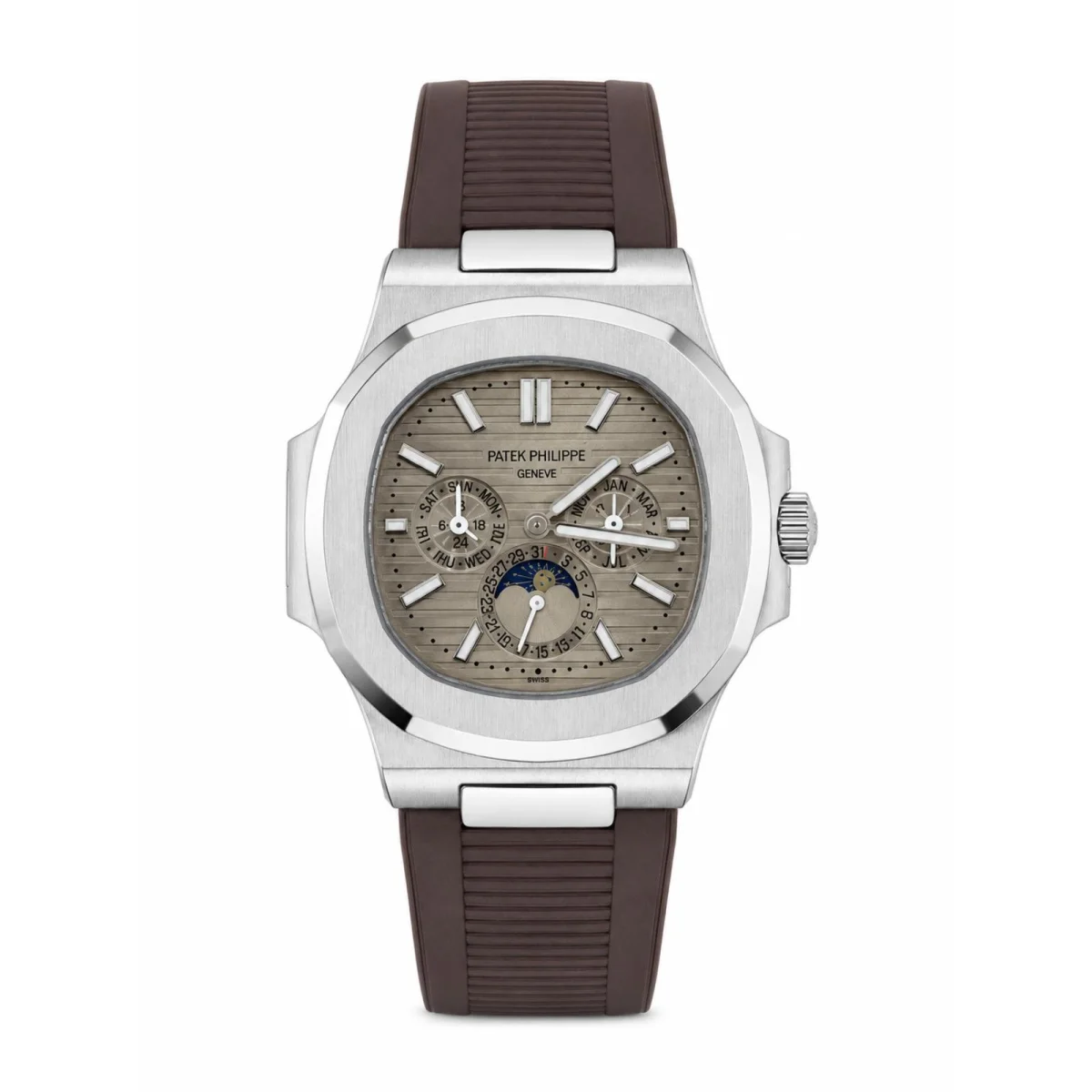 Patek Philippe Nautilus Perpetual Calendar Silver-Tone Watch with Brown Rubber Strap - image 1