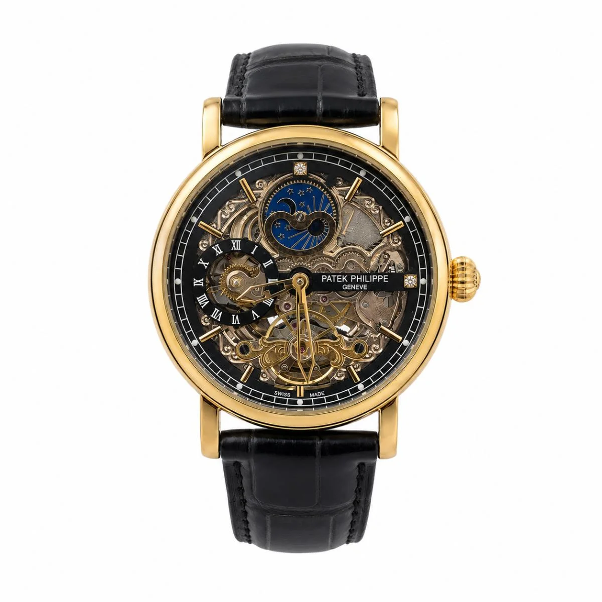 Patek Philippe Grand Complications Skeleton Tourbillon Gold-Tone Moonphase Watch with Black Leather Strap - image 1