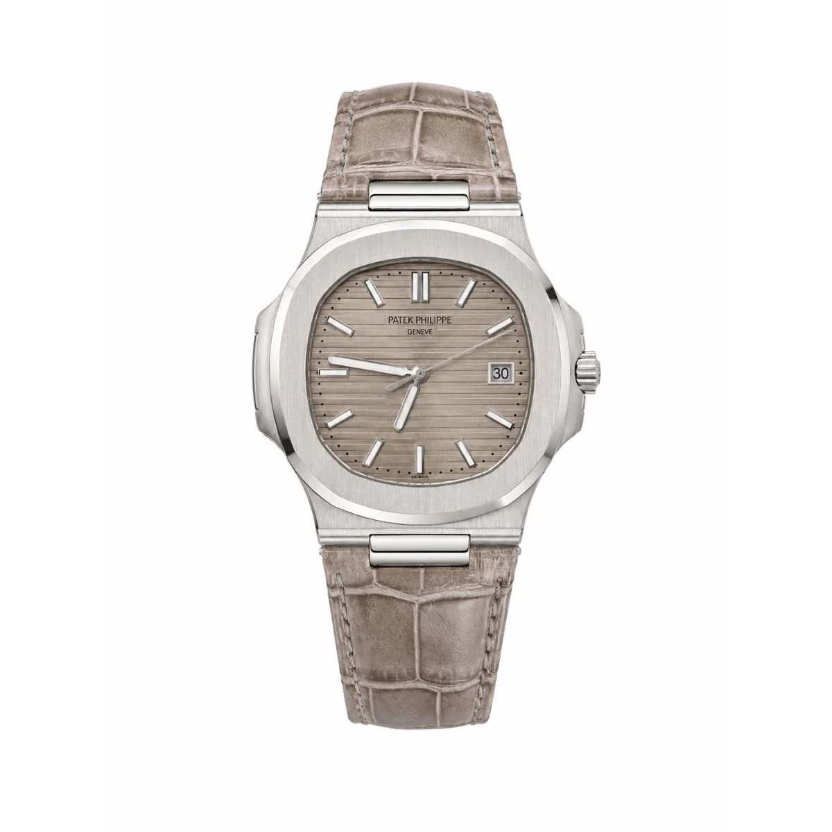 Patek Philippe Nautilus Automatic Silver-Tone Beige Dial Watch with Beige Leather Strap - image 1