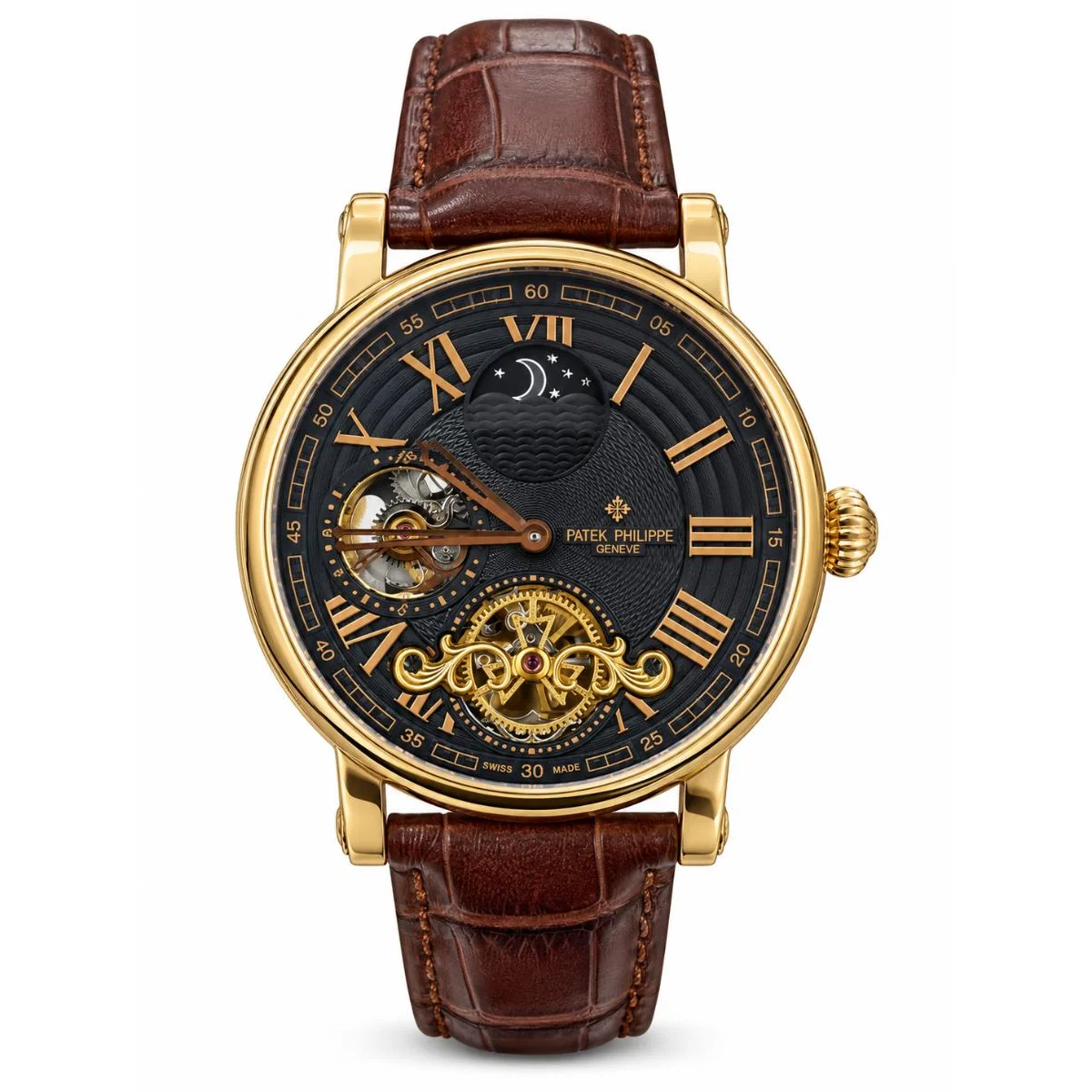 Patek Philippe Gold Tourbillon Moonphase Black Dial Brown Leather Strap Watch - image 1