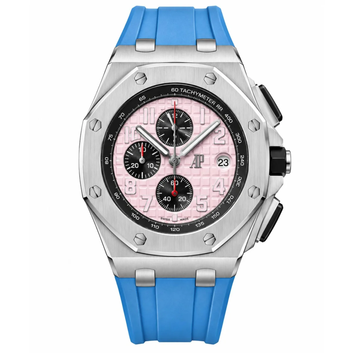 Luxury Chronograph Watch with Pink Dial & Blue Rubber Strap - image 1