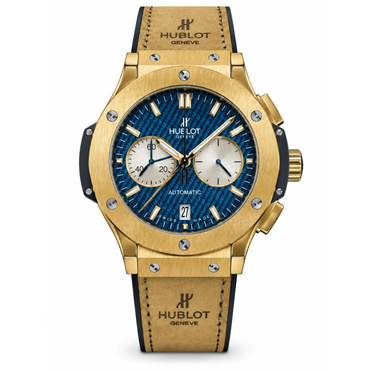 Hublot Classic Fusion Automatic Chronograph Gold Blue Dial Beige Strap Watch - image 1