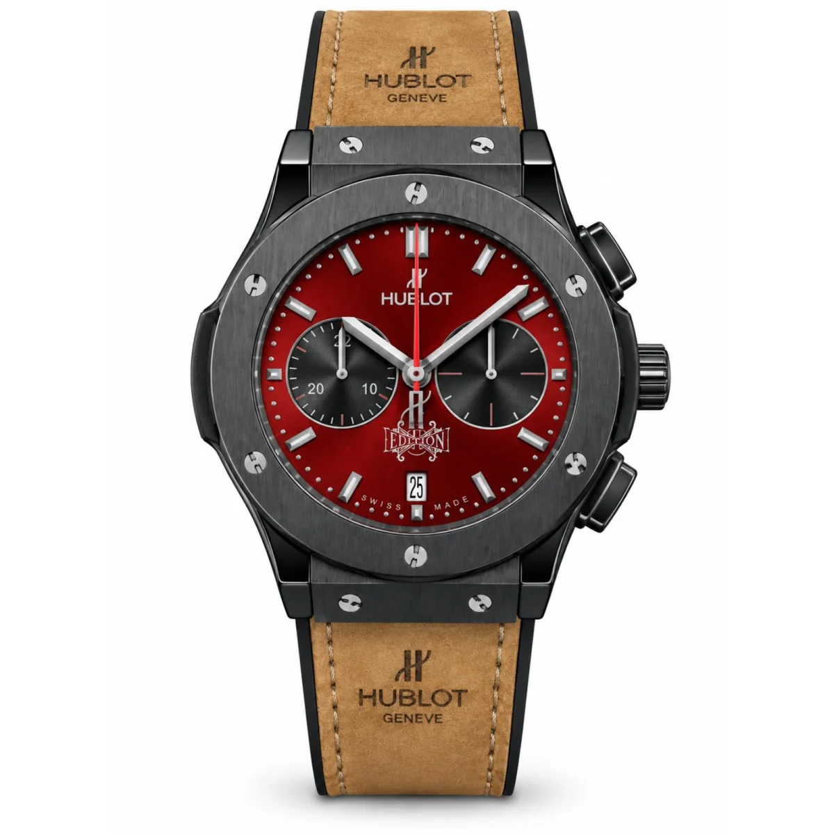 Hublot Classic Fusion Chronograph Black Case Red Dial Beige Strap Watch - image 1
