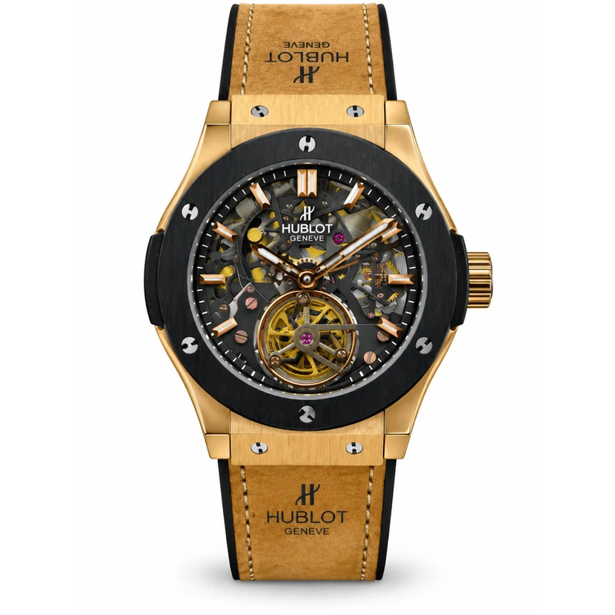 Hublot Classic Fusion Skeleton Tourbillon Gold & Black Watch with Tan Strap - image 1